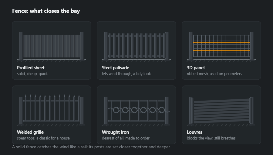 Six infills for the bay between posts: profiled sheet, a steel palisade, a 3D panel, a welded grille with spear tops, wrought iron and louvres