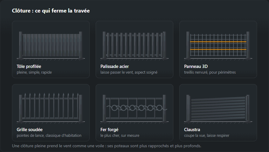 Six remplissages pour la travée entre poteaux : tôle profilée, palissade en acier, panneau 3D, grille soudée à pointes de lance, fer forgé et lames de claustra