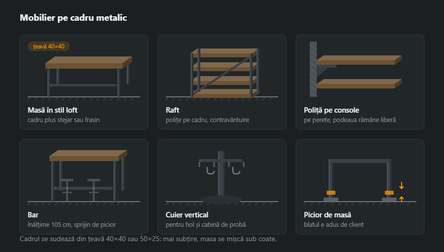 Șase piese de mobilier: masă pe cadru metalic, raft, poliță pe console, bar, cuier vertical și picior de masă reglabil