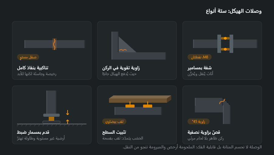 ستة وصلات في هيكل الأثاث: وصلة تناكبية بنفاذ كامل، زاوية تقوية في الركن، شفة بمسامير، قدم بمسمار ضبط، تثبيت السطح من الأسفل بصفيحة، وقصّ بزاوية نصفية