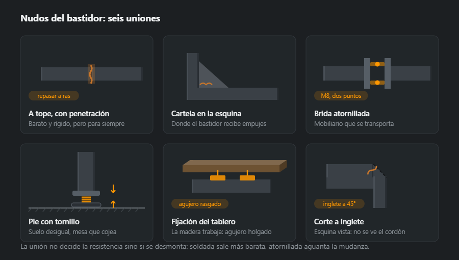 Seis nudos de un bastidor de mobiliario: unión a tope con penetración, cartela en la esquina, brida atornillada, pie con tornillo de regulación, fijación del tablero por debajo con pletina y corte a inglete