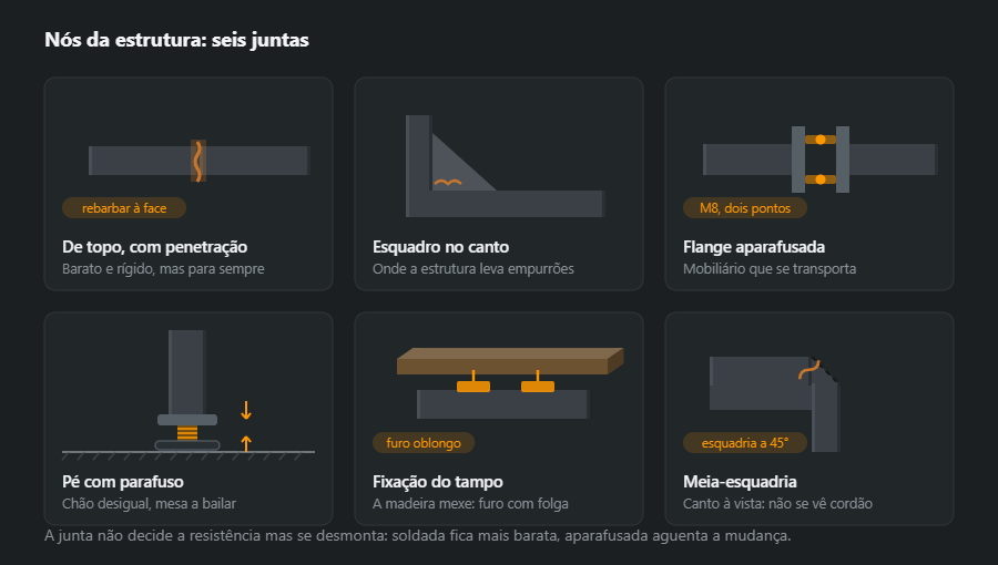 Seis nós de uma estrutura de mobiliário: junta de topo com penetração, esquadro no canto, flange aparafusada, pé com parafuso de regulação, fixação do tampo por baixo com chapa e corte em meia-esquadria