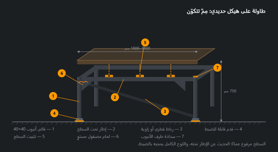 طاولة على هيكل حديدي في إسقاط مائل: أربع قوائم، وإطار محيطي تحت السطح، ورباط قطري، وزوايا تقوية، وأقدام قابلة للضبط، وصفائح تثبيت، وسطح مرفوع نصف شفاف، مع الأبعاد وسبع إشارات