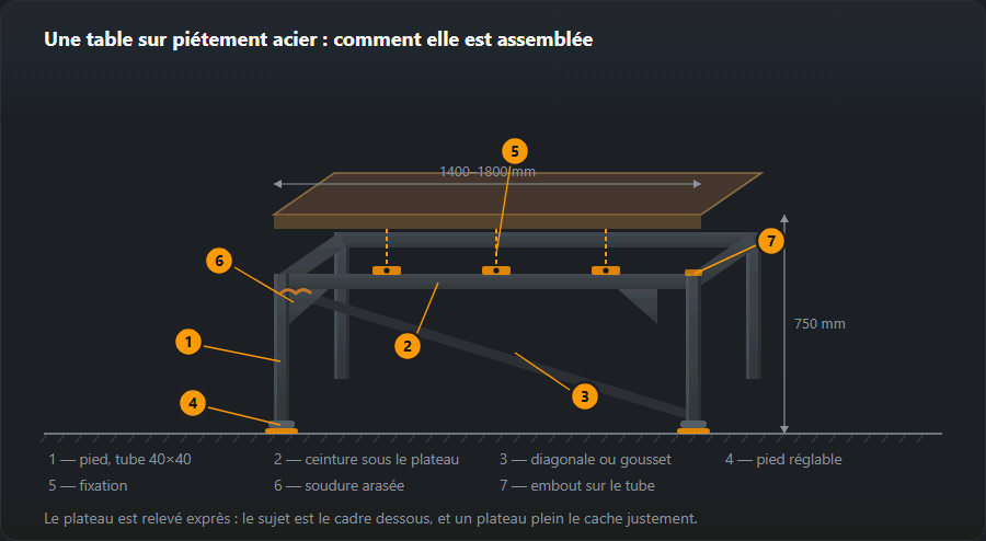 Table sur piétement acier en projection oblique : quatre pieds, une ceinture sur le pourtour, une diagonale, des goussets d’angle, des pieds réglables, des platines de fixation et un plateau translucide surélevé, avec cotes et sept repères