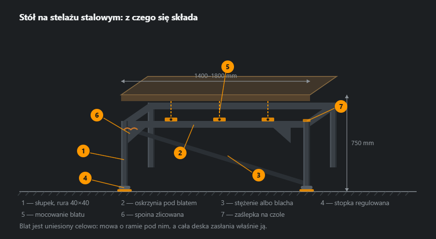 Stół na stelażu stalowym w rzucie skośnym: cztery słupki, oskrzynia po obwodzie, stężenie po przekątnej, blachy narożne, stopki z regulacją, płytki mocowania i uniesiony półprzezroczysty blat, z gabarytami i siedmioma odnośnikami