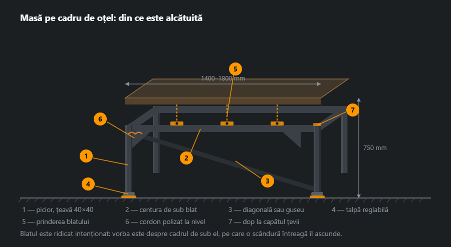 Masă pe cadru de oțel în proiecție oblică: patru picioare, centură pe contur, contravântuire în diagonală, gusee în colțuri, tălpi reglabile, plăcuțe de prindere și un blat ridicat și translucid, cu cote și șapte indicații