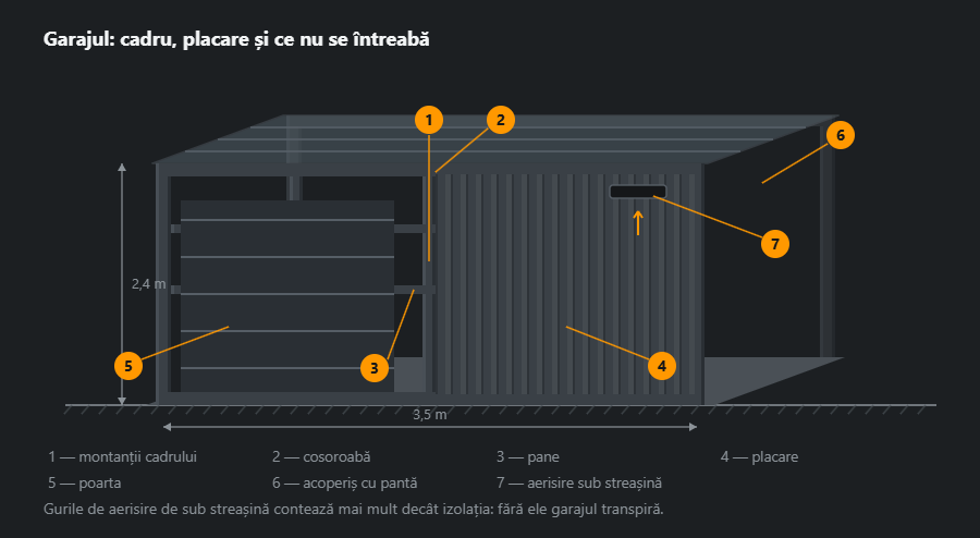 Garaj în proiecție oblică: la stânga cadrul din montanți și cosoroabă cu poarta, la dreapta peretele placat cu tablă cutată, deasupra acoperișul cu pantă, dedesubt dala, iar sub streașină o gură de aerisire