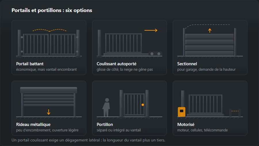 Six panneaux de portails : battant double, coulissant autoporté, sectionnel, rideau métallique, un portillon et un portail motorisé