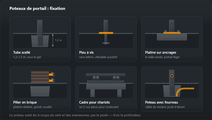 Six options de poteau et fondation pour un portail : un tube scellé, un pieu à vis, une platine sur ancrages, un pilier en brique à platine noyée, un cadre pour chariots à galets et un poteau avec fourreau