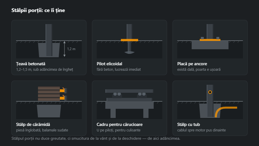 Șase variante de stâlp și fundație pentru poartă: țeavă betonată, pilot elicoidal, placă pe ancore, stâlp de cărămidă cu piesă înglobată, cadru pentru cărucioare și stâlp cu tub pentru cablu