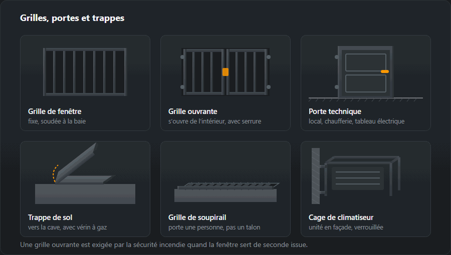 Six ouvrages : une grille de fenêtre, une grille ouvrante, une porte technique, une trappe de sol, une grille de puits de lumière et une cage de climatiseur
