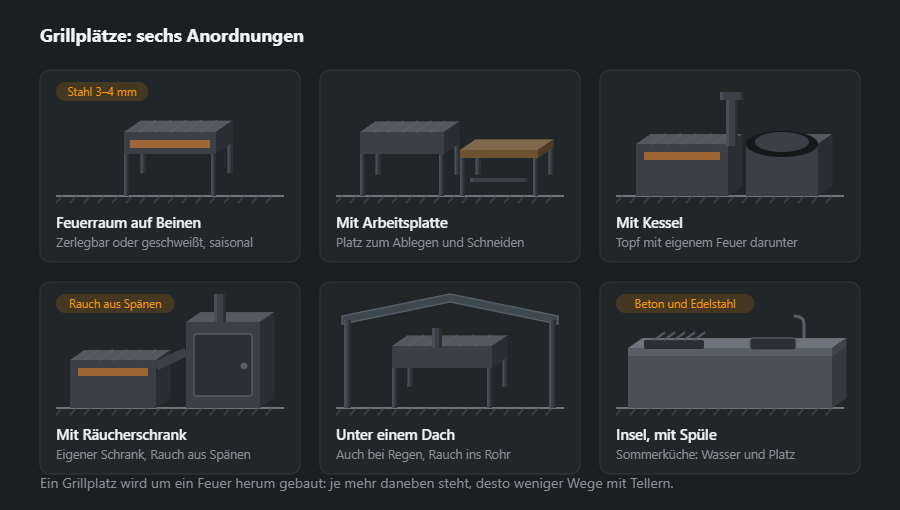 Sechs Anordnungen eines Grillplatzes: Feuerraum auf Beinen, Feuerraum mit Arbeitsplatte, Anlage mit Kessel, Anlage mit Räucherschrank, Anlage unter einem Dach und Inselanlage mit Spüle
