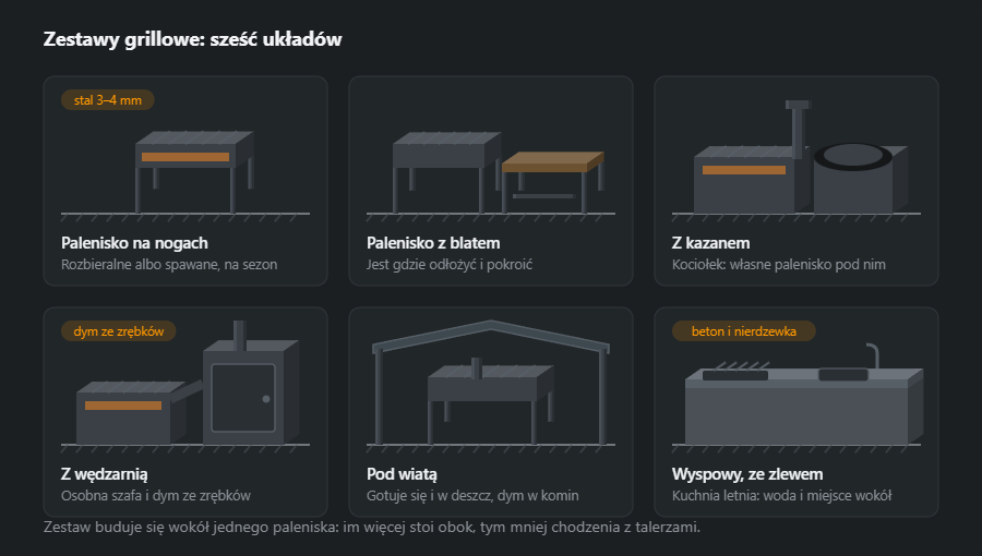 Sześć układów zestawu grillowego: palenisko na nogach, palenisko z blatem, zestaw z kazanem, zestaw z wędzarnią, zestaw pod wiatą oraz zestaw wyspowy ze zlewem