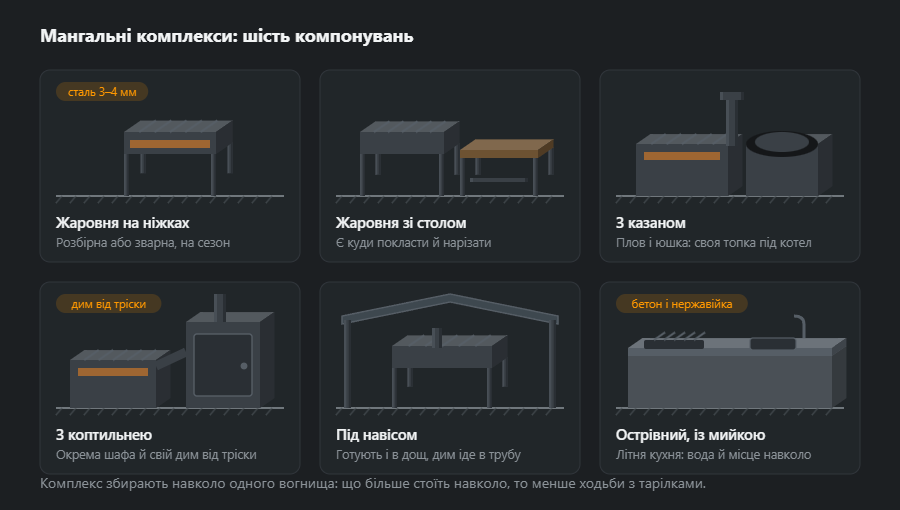 Шість компонувань мангального комплексу: жаровня на ніжках, жаровня зі столом, комплекс із казаном, комплекс із коптильнею, комплекс під навісом і острівний комплекс із мийкою