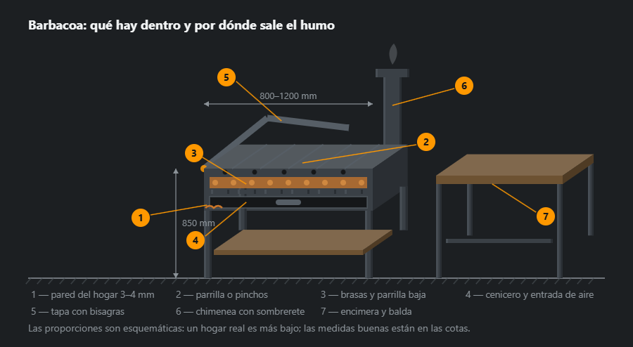 Conjunto de barbacoa en proyección oblicua: hogar en sección con brasas, parrilla inferior y cenicero, parrilla superior, tapa abatida, chimenea con sombrerete y encimera con balda, con cotas y siete llamadas