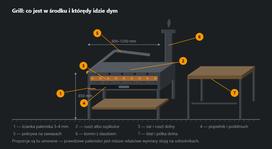 Zestaw grillowy w rzucie skośnym: palenisko w przekroju z żarem, rusztem dolnym i popielnikiem, ruszt na wierzchu, odchylona pokrywa, komin z daszkiem, blat roboczy z półką, z gabarytami i siedmioma odnośnikami