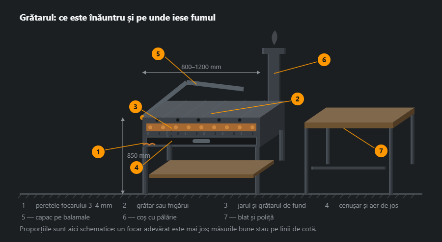 Ansamblu de grătar în proiecție oblică: focarul în secțiune cu jar, grătar de fund și cenușar, grătar deasupra, capac rabatat, coș cu pălărie și blat de lucru cu poliță, cu cote și șapte indicații
