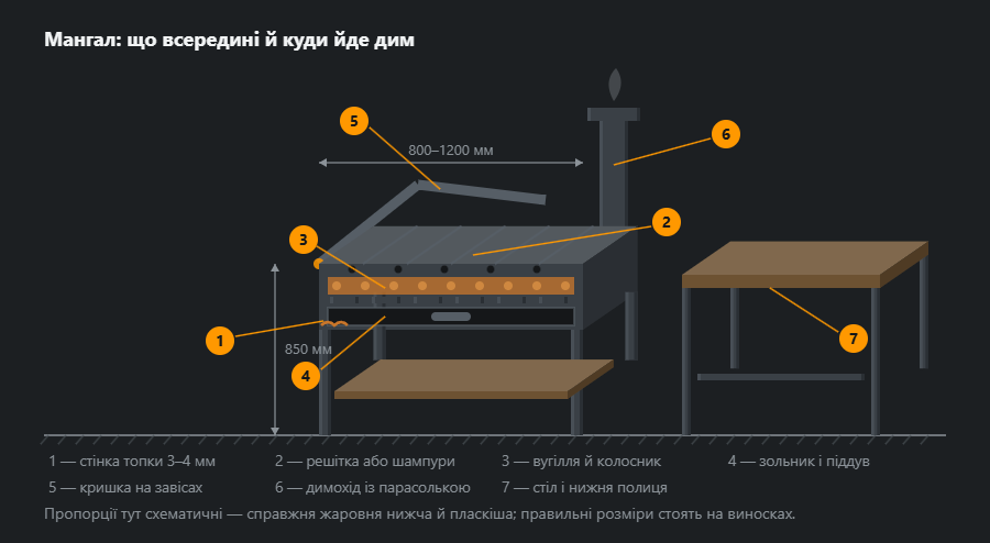 Мангальний комплекс у похилій проекції: жаровня розрізом із вугіллям, колосником і зольником, решітка згори, відкинута кришка, димохід із парасолькою, робочий стіл із нижньою полицею, з габаритами й сімома виносками