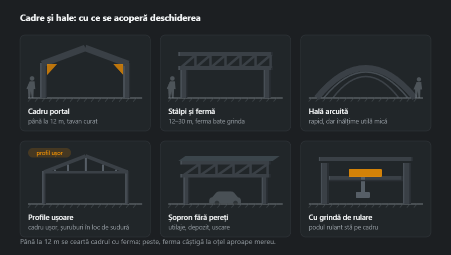 Șase cadre de deschidere mare: cadru portal, stâlpi cu fermă, hală arcuită, profile ușoare formate la rece, șopron deschis și cadru cu grinzi de rulare