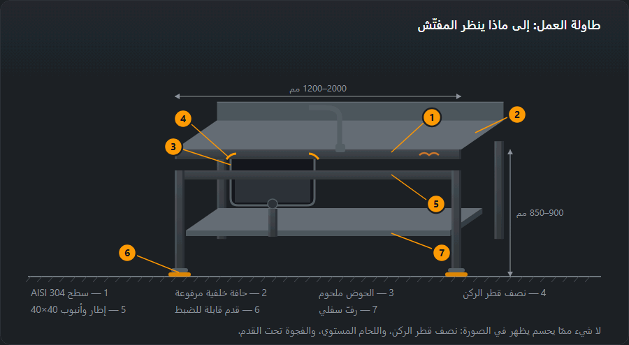 طاولة عمل من الستانلس في إسقاط مائل: سطح بحافة خلفية مرفوعة، وحوض ملحوم بمقطع فيه نصف قطر الركن والتصريف، وخلاط، وإطار من أنبوب، وأقدام قابلة للضبط ورفّ سفلي، مع الأبعاد وسبع إشارات