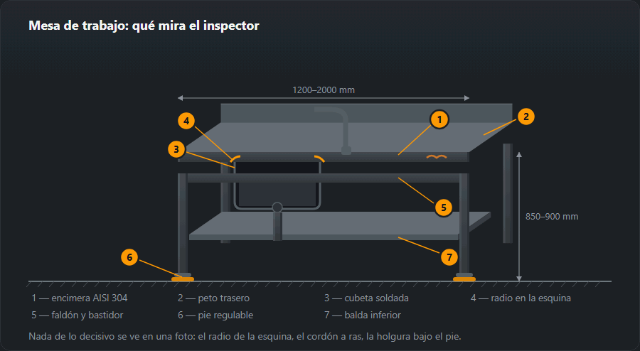 Mesa de trabajo de inoxidable en proyección oblicua: encimera con peto trasero, cubeta soldada en sección con radio en la esquina y desagüe, grifo, bastidor de tubo, pies regulables y balda inferior, con cotas y siete llamadas