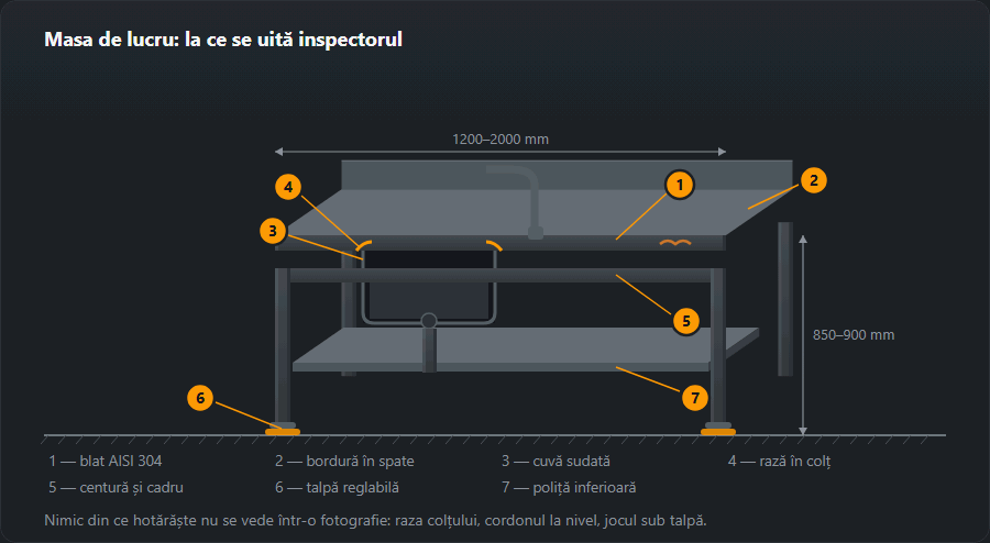 Masă de lucru din inox în proiecție oblică: blat cu bordură în spate, cuvă sudată în secțiune cu rază în colț și scurgere, baterie, cadru din țeavă, tălpi reglabile și poliță inferioară, cu cote și șapte indicații