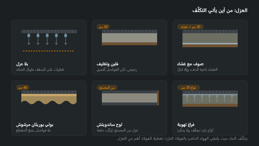 ستة مقاطع للجدار: بلا عزل مع تكثّف، وفلين مع تغليف، وصوف صخري مع حاجز بخار، وبولي يوريثان مرشوش، ولوح ساندويتش، وفراغ تهوية مع غشاء