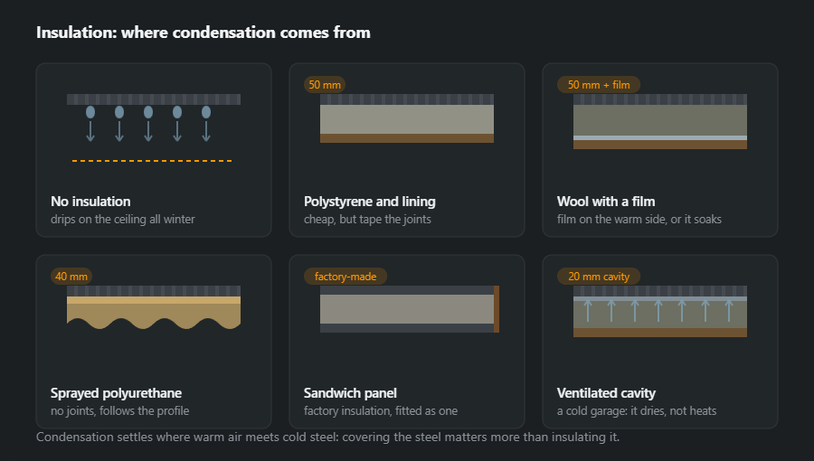 Six sections through a wall: no insulation with condensation, polystyrene with a lining, mineral wool with a vapour barrier, sprayed polyurethane, a sandwich panel and a ventilated cavity with a membrane