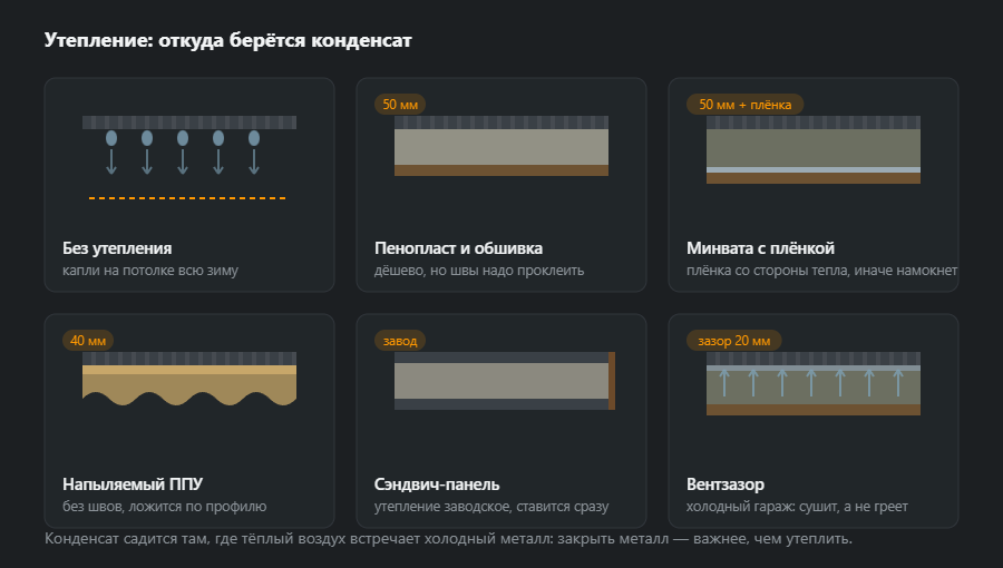 Шесть разрезов стены: без утепления с конденсатом, пенопласт с обшивкой, минвата с пароизоляцией, напыляемый ППУ, сэндвич-панель и вентзазор с мембраной