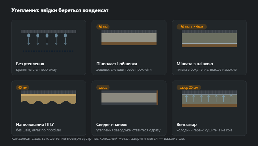 Шість розрізів стіни: без утеплення з конденсатом, пінопласт з обшивкою, мінвата з пароізоляцією, напилюваний ППУ, сендвіч-панель і вентзазор з мембраною