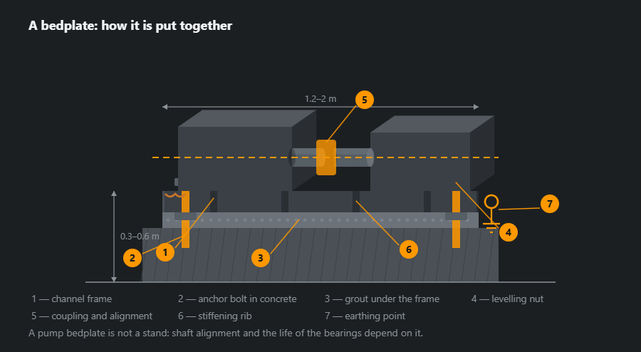 Pump bedplate in section: channel frame with ribs, anchor bolts in concrete with levelling nuts, grout under the frame, motor and pump with a coupling, the alignment line and an earthing point, with sizes and seven callouts