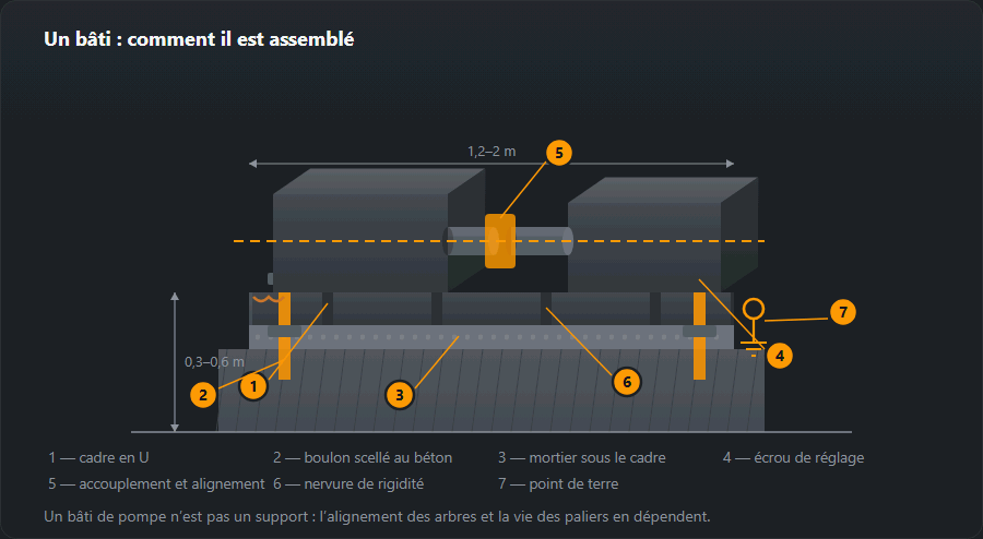 Bâti de pompe en coupe : cadre en U avec nervures, boulons d’ancrage dans le béton avec écrous de réglage, mortier de calage sous le cadre, moteur et pompe avec accouplement, ligne d’alignement et point de mise à la terre, avec cotes et sept repères