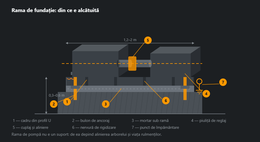 Ramă de fundație pentru pompă în secțiune: cadru din U cu nervuri, buloane de ancoraj în beton cu piulițe de reglaj, mortar sub ramă, motor și pompă cu cuplaj, linia de aliniere și punctul de împământare, cu cote și șapte indicații