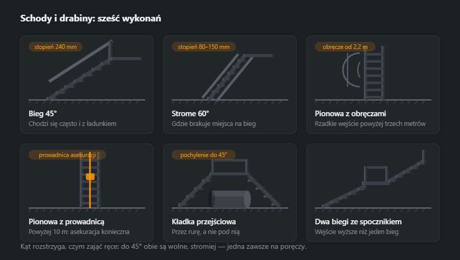 Sześć schodów i drabin przemysłowych: bieg pod 45 stopni, strome pod 60, drabina pionowa z obręczami, pionowa z prowadnicą asekuracyjną, kładka przejściowa nad rurą i dwa biegi ze spocznikiem