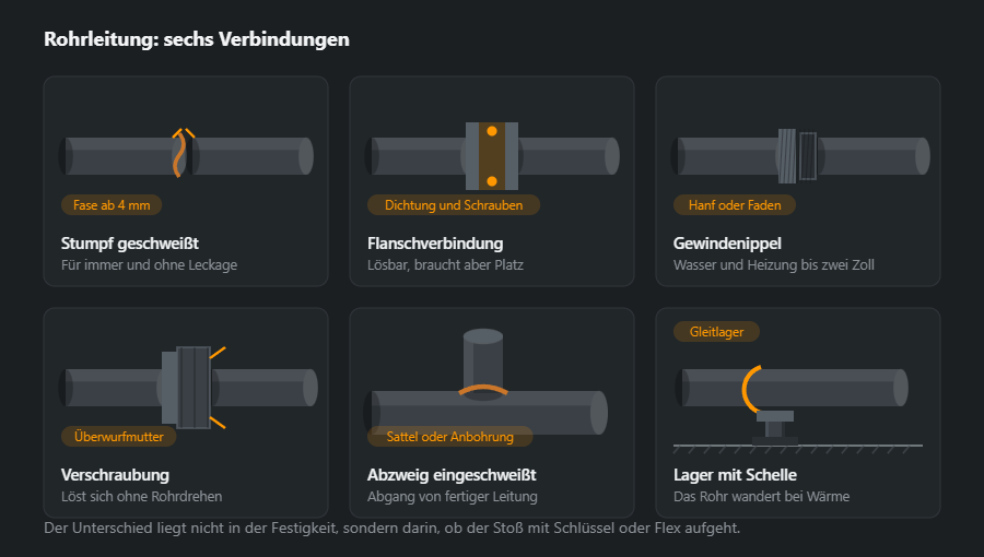 Sechs Rohrverbindungen aus der Nähe: Stumpfnaht mit Vorbereitung, Flanschverbindung mit Dichtung und Schrauben, Gewindenippel mit Kontermutter, Verschraubung mit Überwurfmutter, eingeschweißter Abzweig und Gleitlager mit Schelle
