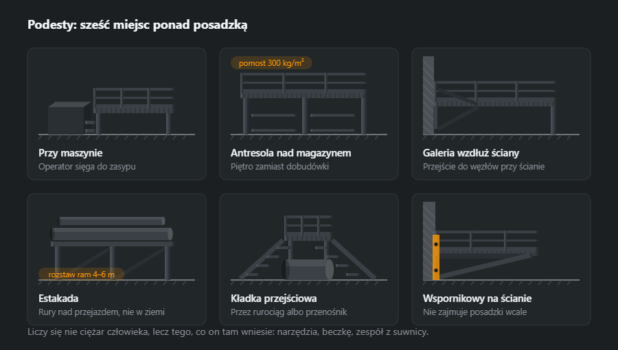 Sześć podestów w różnych miejscach hali: przy maszynie, antresola nad magazynem, galeria wzdłuż ściany, estakada pod rurociąg, kładka przejściowa nad rurą i podest wspornikowy na ścianie