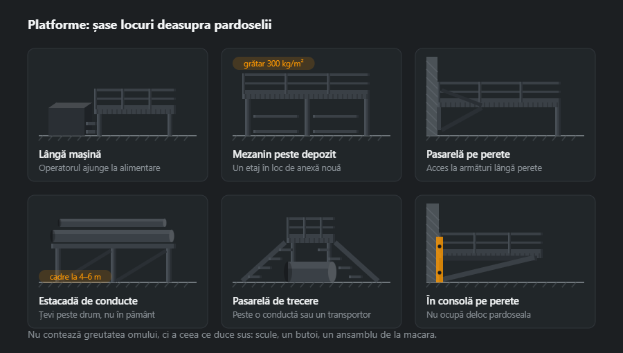 Șase platforme în locuri diferite din hală: lângă mașină, mezanin peste depozit, pasarelă de-a lungul peretelui, estacadă de conducte, pasarelă de trecere peste o țeavă și platformă în consolă
