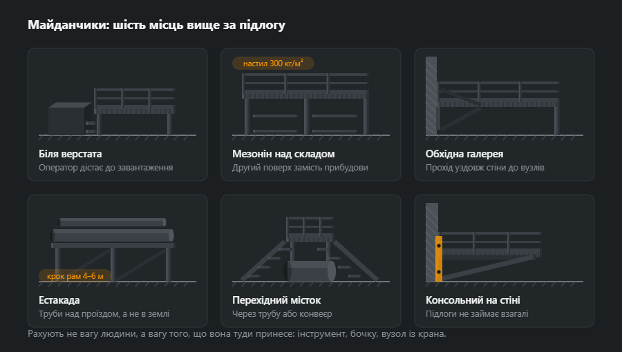 Шість майданчиків у різних місцях цеху: біля верстата, мезонін над складом, обхідна галерея вздовж стіни, естакада під трубопровід, перехідний місток через трубу й консольний майданчик на стіні