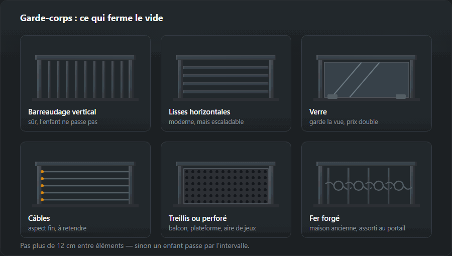 Six remplissages de garde-corps : barreaudage vertical, lisses horizontales, verre, câbles, treillis et fer forgé
