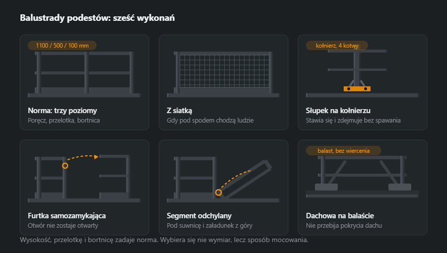 Sześć wykonań balustrady przemysłowej: poręcz z przelotką i bortnicą, z siatką, słupek na kołnierzu z kotwami, furtka z samozamykaczem, segment odchylany i balustrada dachowa na balaście