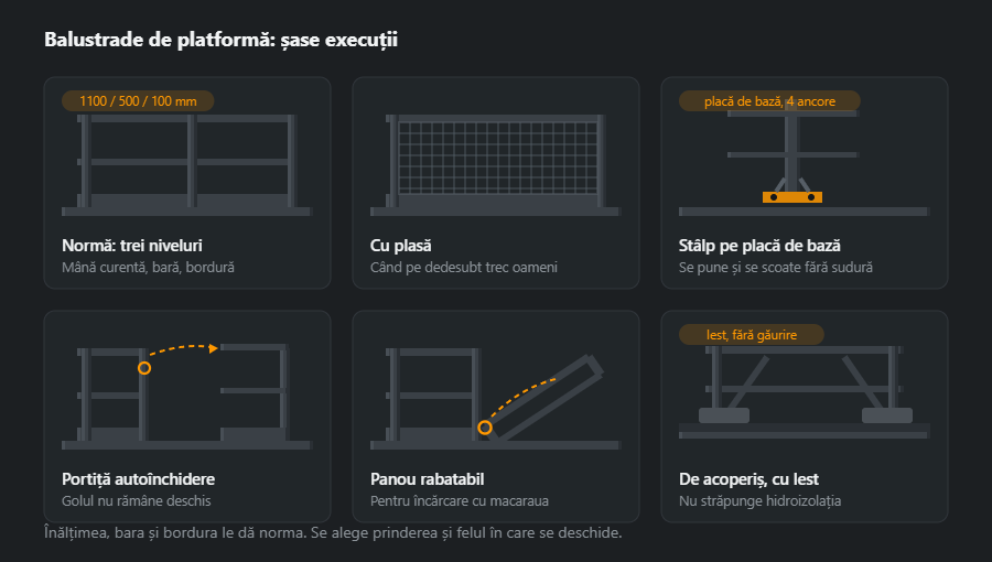 Șase execuții de balustradă industrială: mână curentă cu bară intermediară și bordură, cu plasă, stâlp pe placă de bază ancorată, portiță cu autoînchidere, panou rabatabil și balustradă de acoperiș cu lest