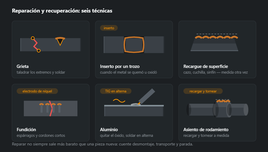 Seis técnicas de reparación: grieta taladrada y preparada, inserto en lugar de un trozo cortado, recargue de una superficie desgastada, fundición sobre espárragos, aluminio con corriente alterna y recuperación del asiento de un eje