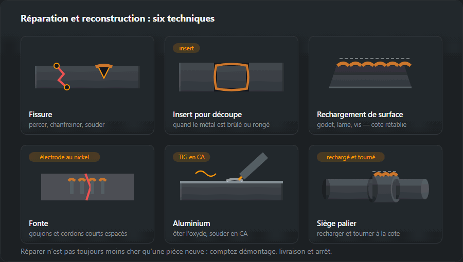 Six techniques de réparation : une fissure percée aux extrémités et chanfreinée, un insert à la place d’une partie découpée, le rechargement d’une surface usée, la fonte sur goujons, l’aluminium en courant alternatif et la reconstruction d’un siège d’arbre