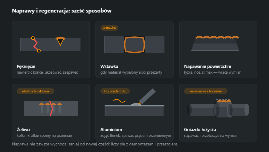 Sześć sposobów naprawy: pęknięcie z nawierceniem i ukosowaniem, wstawka zamiast wyciętego kawałka, napawanie zużytej powierzchni, żeliwo na kołkach, aluminium prądem przemiennym i regeneracja gniazda łożyska