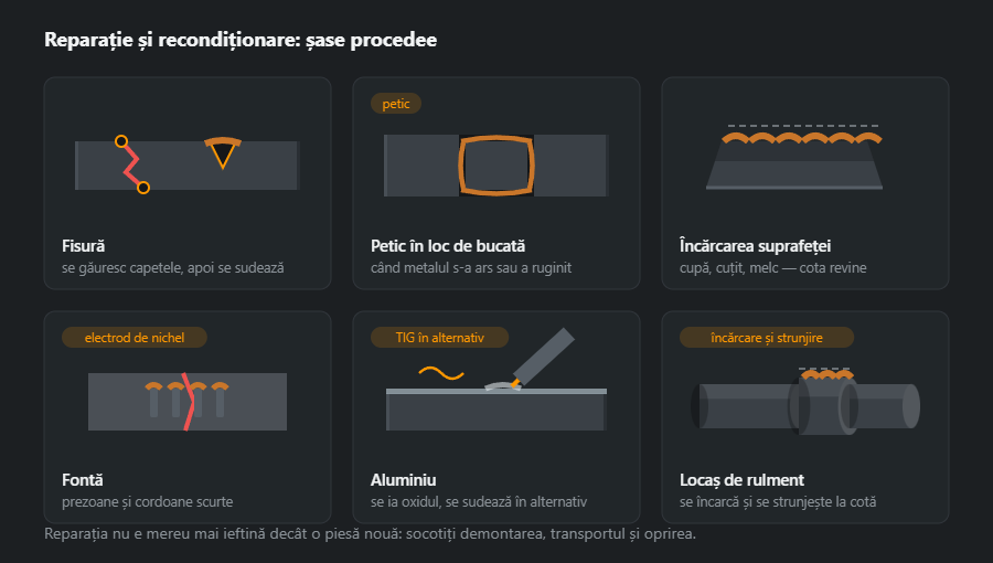 Șase procedee de reparație: fisură cu găuri la capete și margini prelucrate, petic în locul bucății tăiate, încărcare cu sudură a unei suprafețe uzate, fontă pe prezoane, aluminiu în curent alternativ și refacerea locașului unui arbore