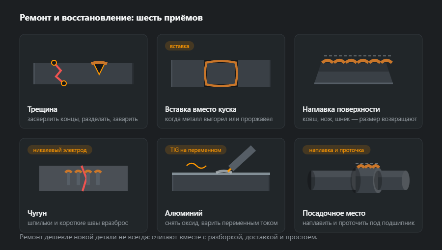 Шесть приёмов ремонта: трещина с засверловкой и разделкой, вставка вместо вырезанного куска, наплавка изношенной поверхности, чугун на шпильках, алюминий переменным током и восстановление посадочного места вала