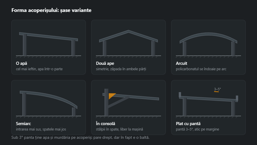 Șase siluete de carport văzute din lateral: o apă, două ape, arcuit, semiarc, în consolă și plat cu pantă