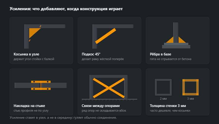 Шесть усилений, каждое выделено оранжевым: косынка в узле, подкос, рёбра в базе, накладка на стыке, связи между опорами и большая толщина стенки