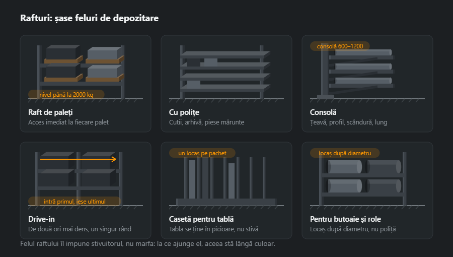Șase feluri de rafturi: raft de paleți, raft cu polițe pentru cutii, raft consolă pentru material lung, raft de tip drive-in, casetă verticală pentru tablă și raft cu locașuri pentru butoaie
