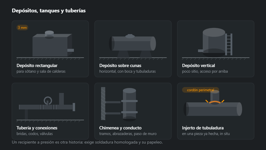 Seis trabajos en depósitos: depósito rectangular, depósito horizontal sobre cunas, depósito vertical, tubería con válvula, chimenea e injerto de una tubuladura